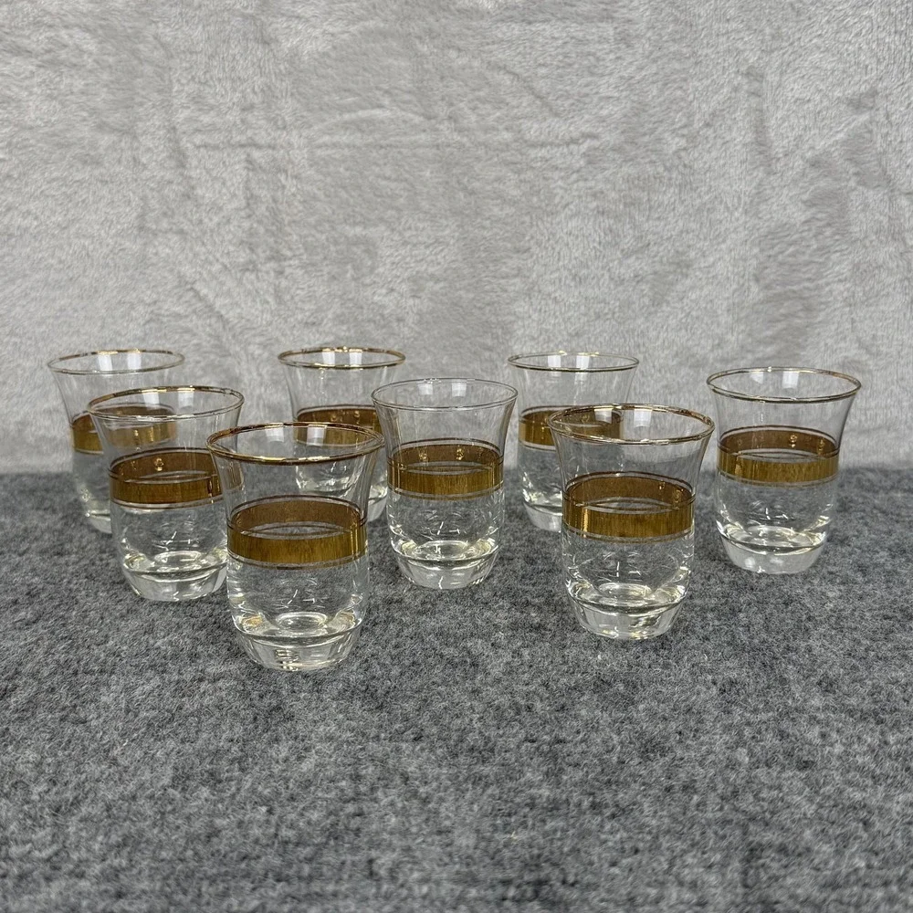 VTG Turkish Tea Glasses SET OF 8 Gold Band Rimmed Cordial Retro MCM Barware